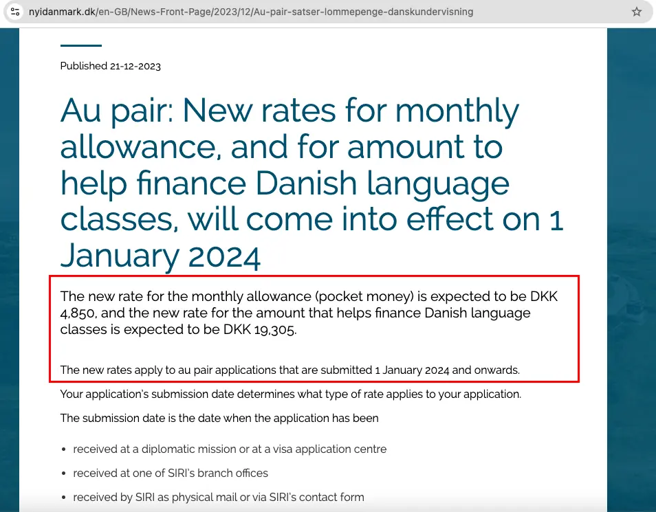 Au Pair Denmark Salary and language fee