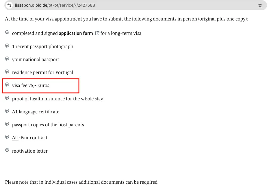German Au Pair visa fee
